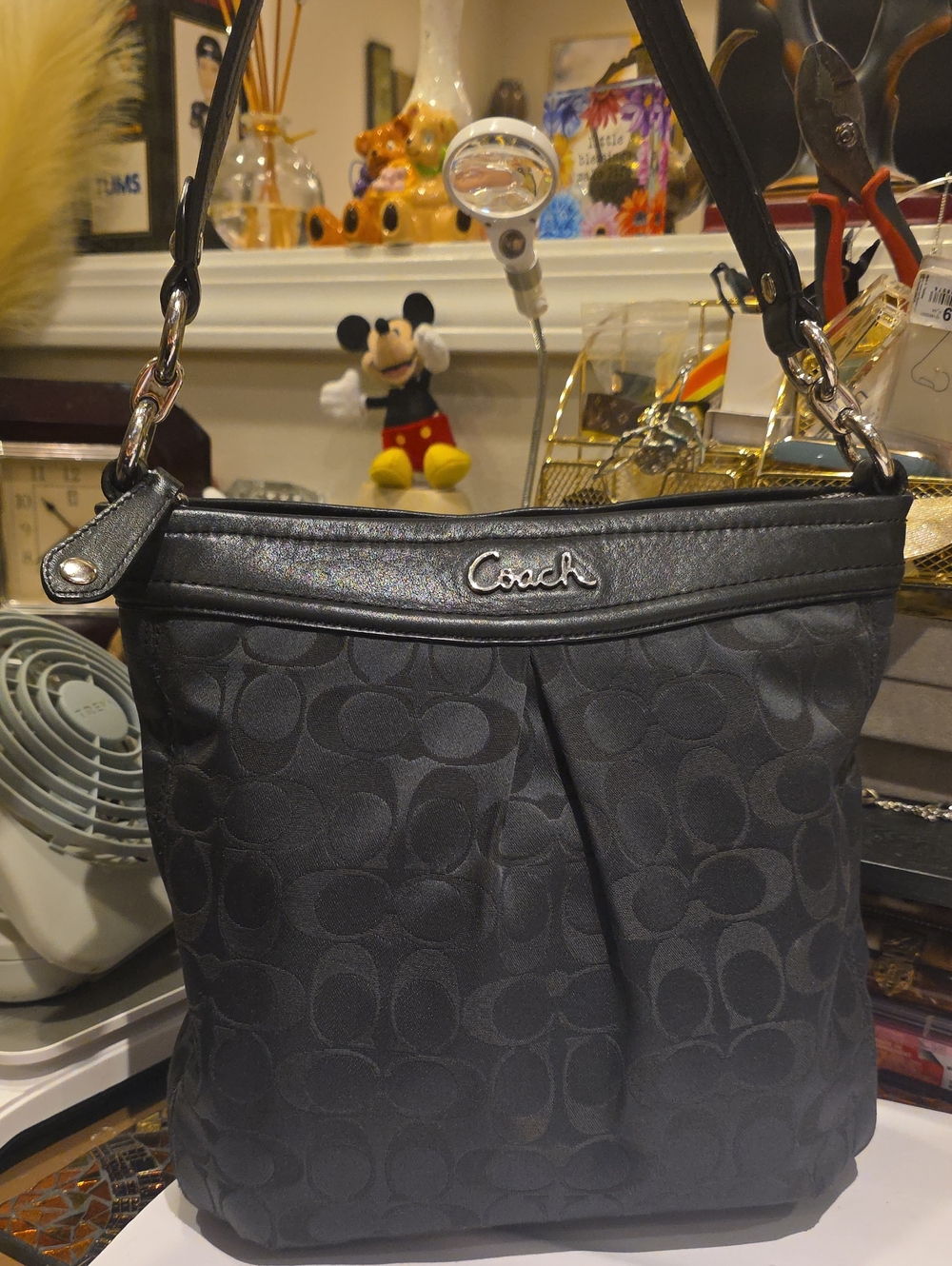 Coach Black Signature Shoulder Bag with Leather Trim
